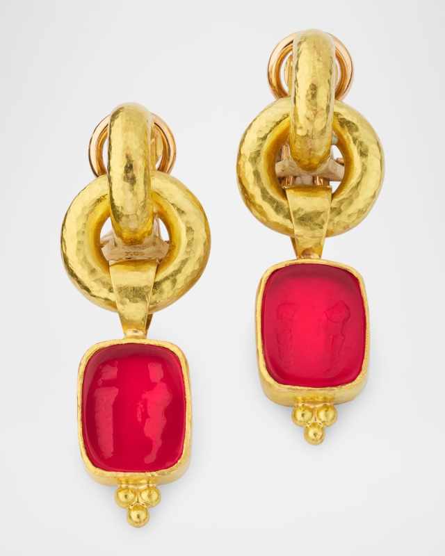 19K God and Pillar Drop Ruby Venetian Glass Intaglio Earrings